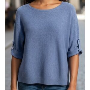 T By Talbots Petite Medium Blue Roll Tab 3/4” Sleeve Sweater